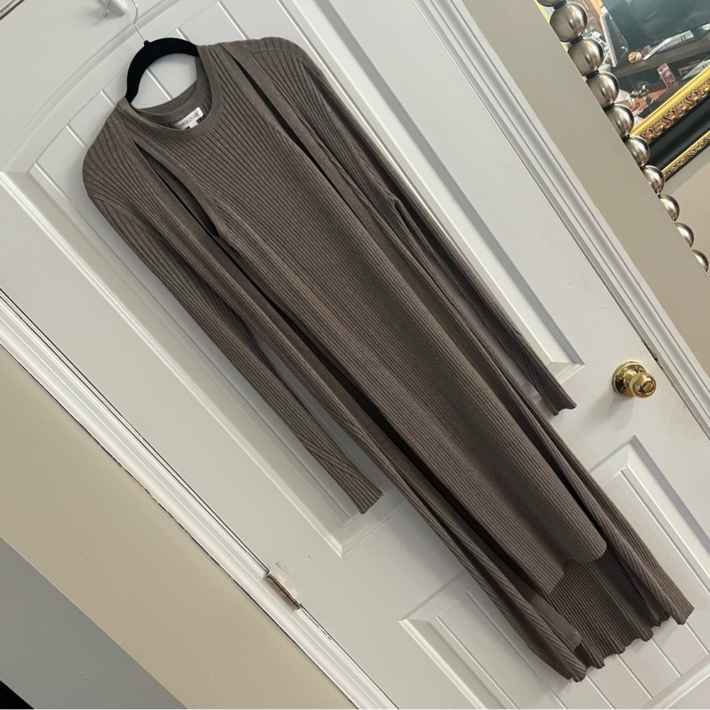 Prologue Taupe Knit Maxi Dress Cardigan Set
